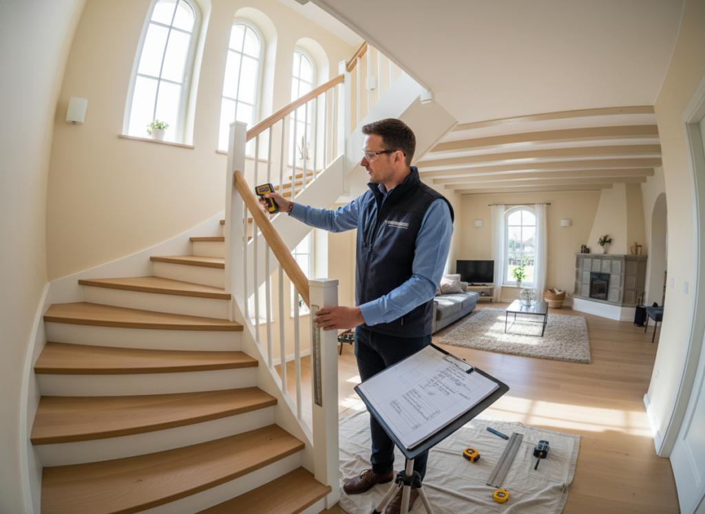 Fachberater misst eine Treppe für die Treppenlift-Installation in einem Pinneberg Haus