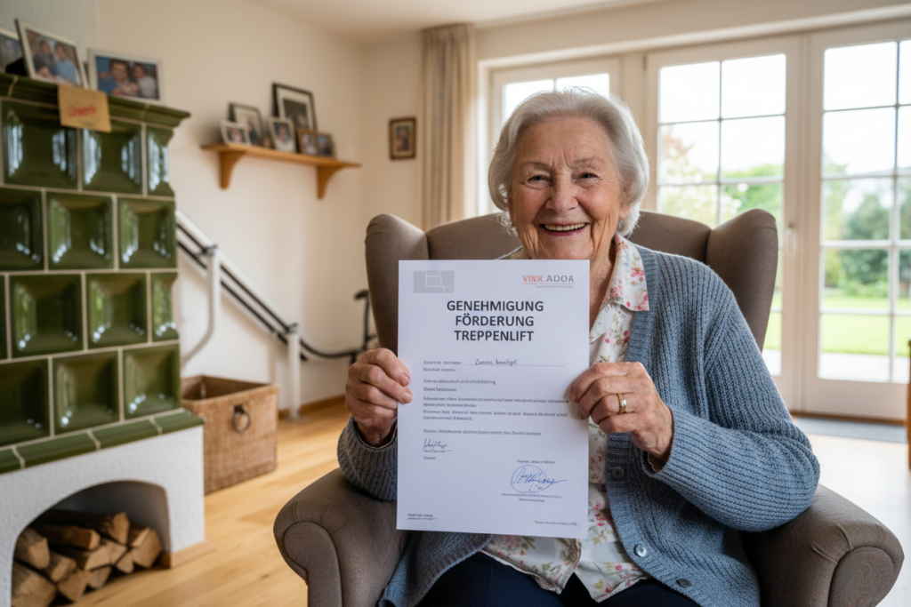 Seniorin mit Pflegegrad freut sich über bewilligten Zuschuss für Treppenlift