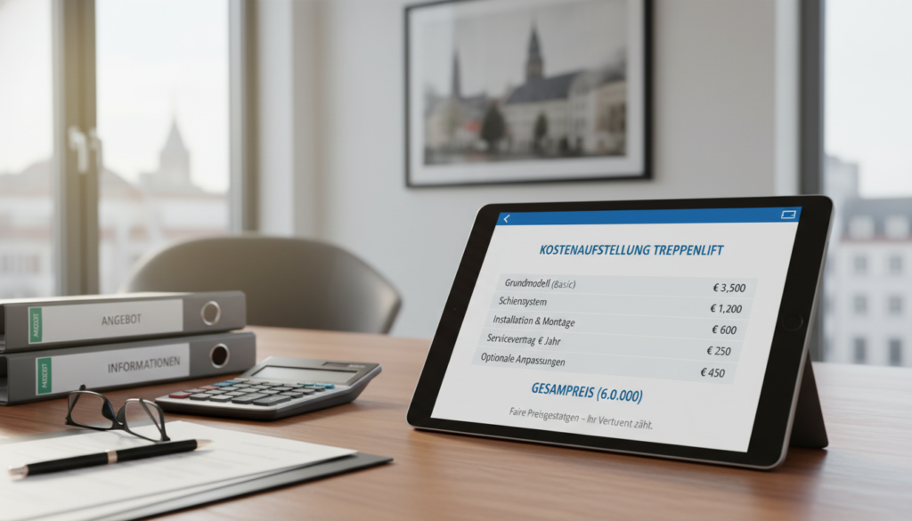 Transparente Preiskalkulation für Treppenlifte auf einem Tablet dargestellt